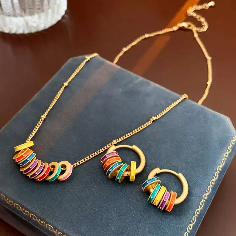 Gold Accented Colorful Circles Necklace and Earrings