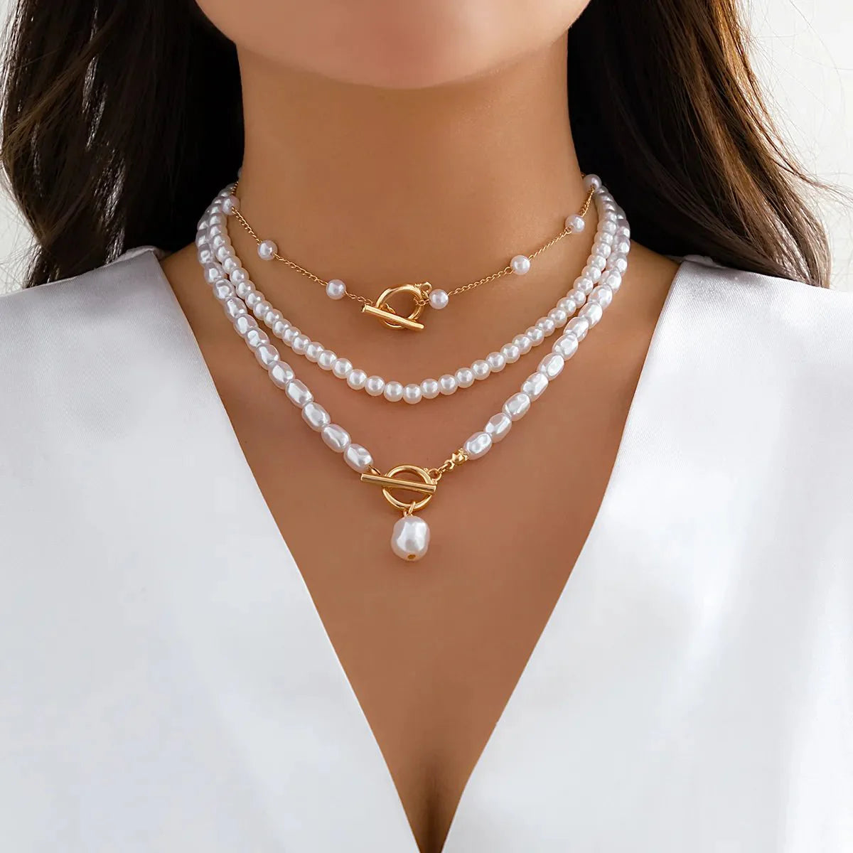 Classy Beaded Pearl Necklace Stacks