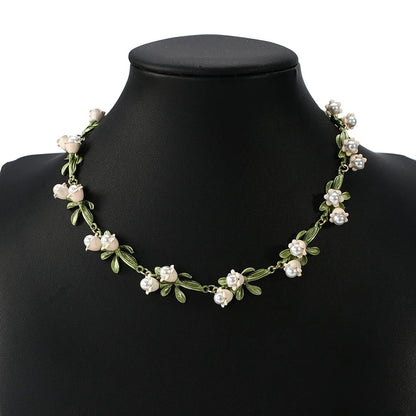 Lily of the Valley Pearl Choker Necklace, Bracelet, and Earrings Set
