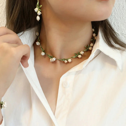 Lily of the Valley Pearl Choker Necklace, Bracelet, and Earrings Set