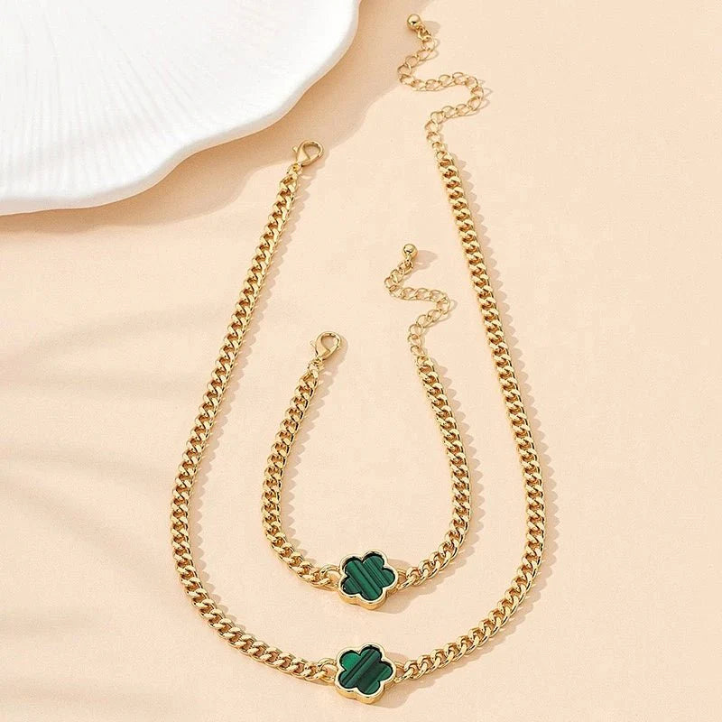 Lucky Clover Cuban Chain Necklace and Bracelet Set