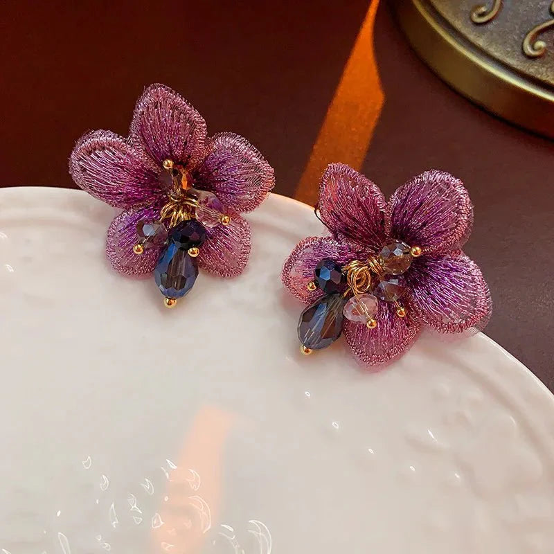 Purple Oriental Hibiscus Floral Earrings