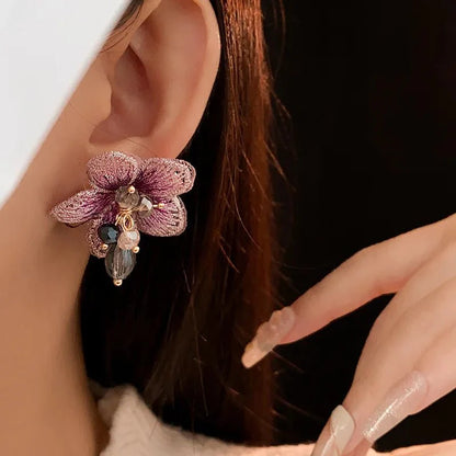 Purple Oriental Hibiscus Floral Earrings