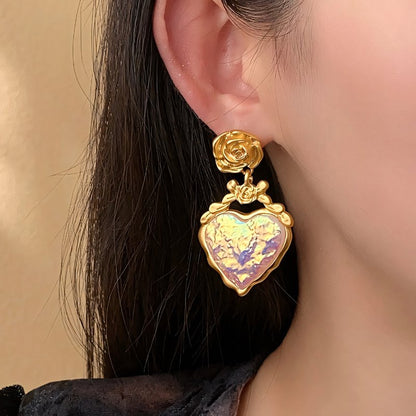 Rose Floral Enamel Heart Earrings