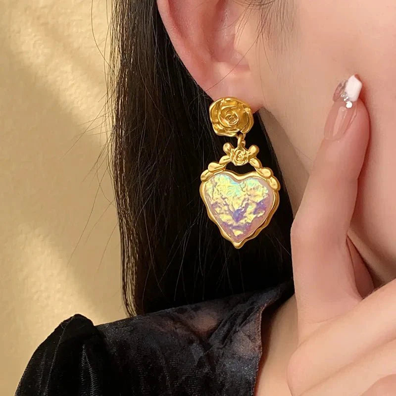 Rose Floral Enamel Heart Earrings